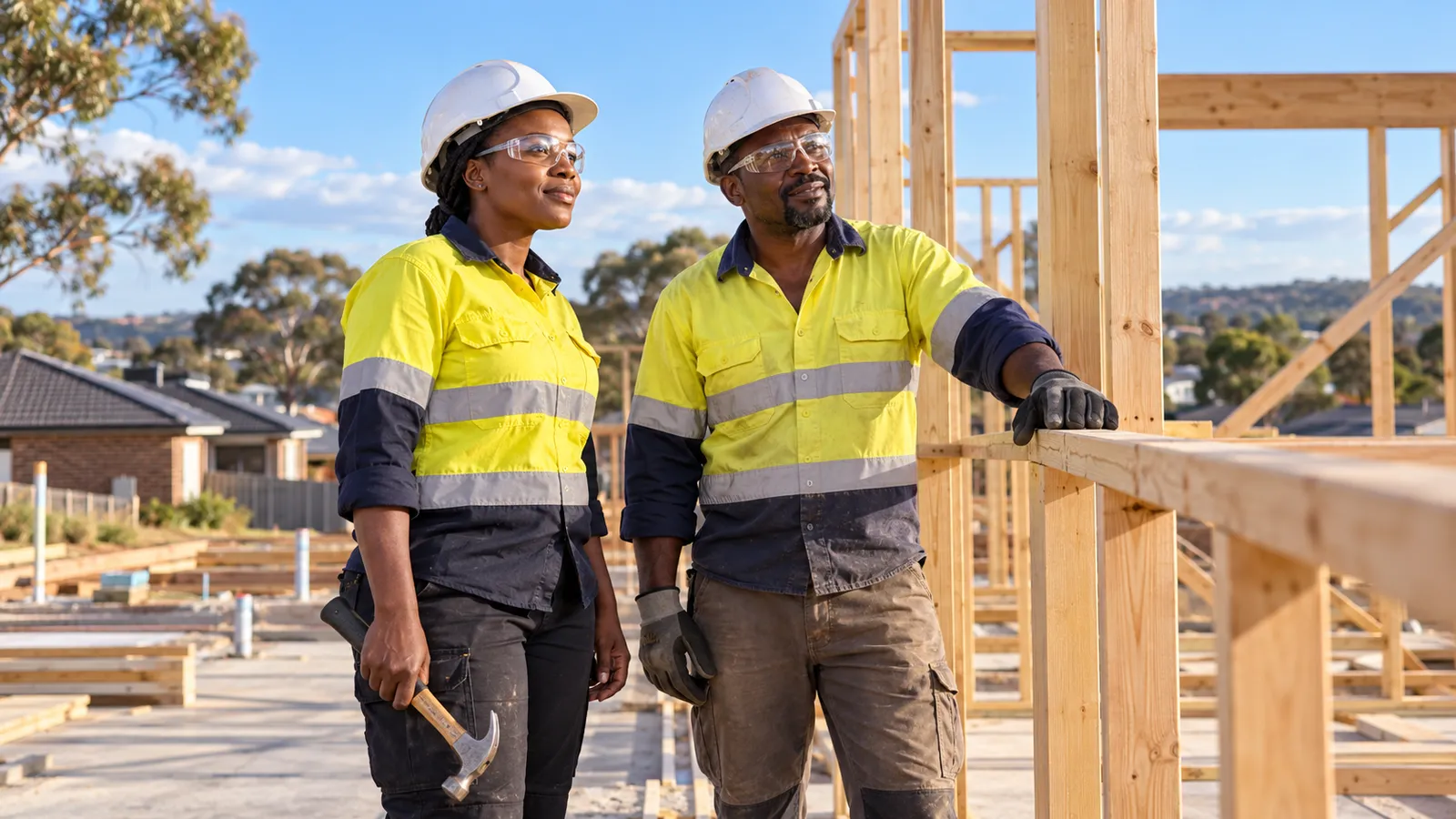 Two Ugandan tradespeople in safety gear inspect timber framing at a sunlit Australian housing construction site.