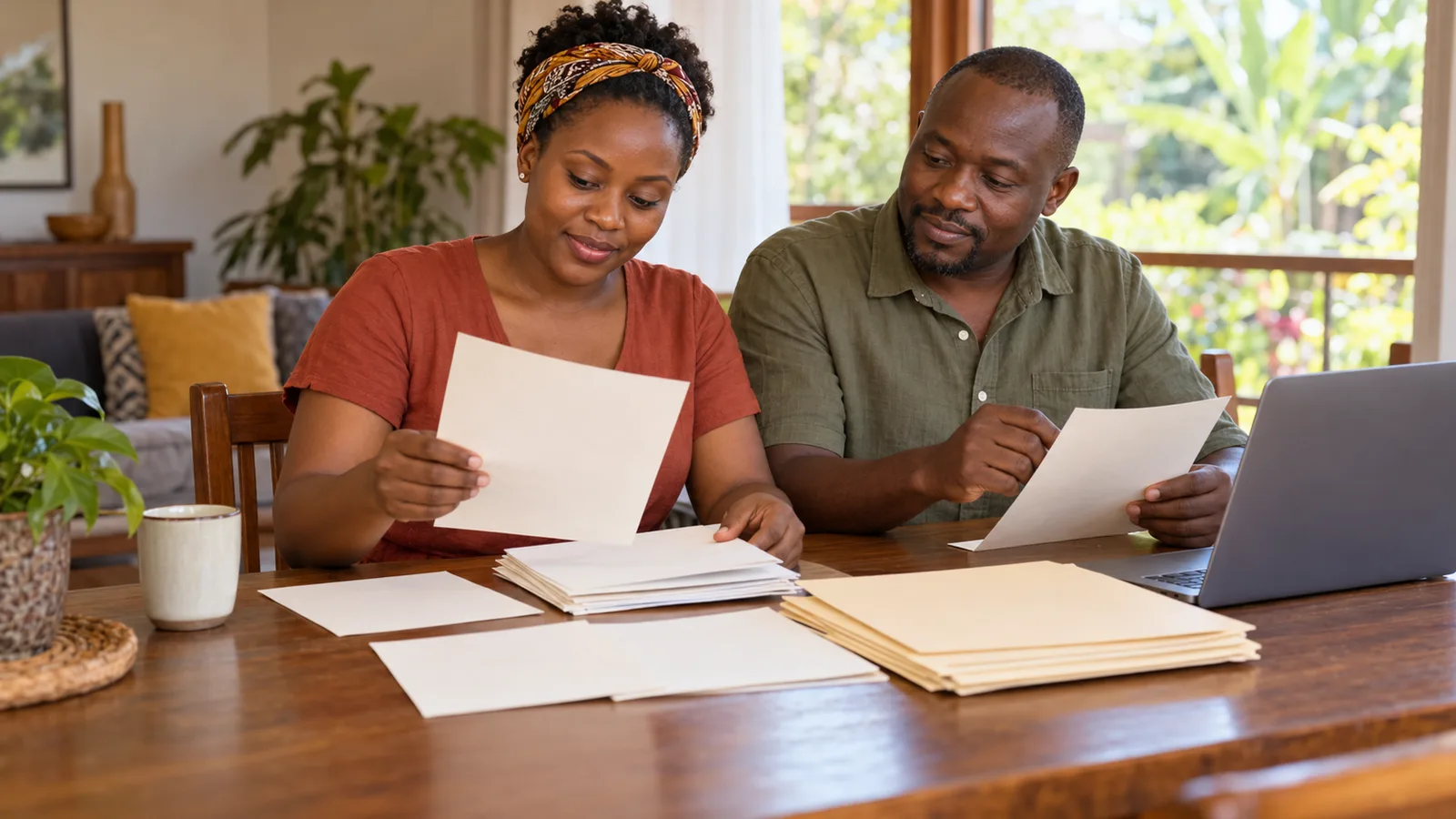 A Ugandan woman and man organise papers beside a laptop at home as they prepare for a possible move to Australia.