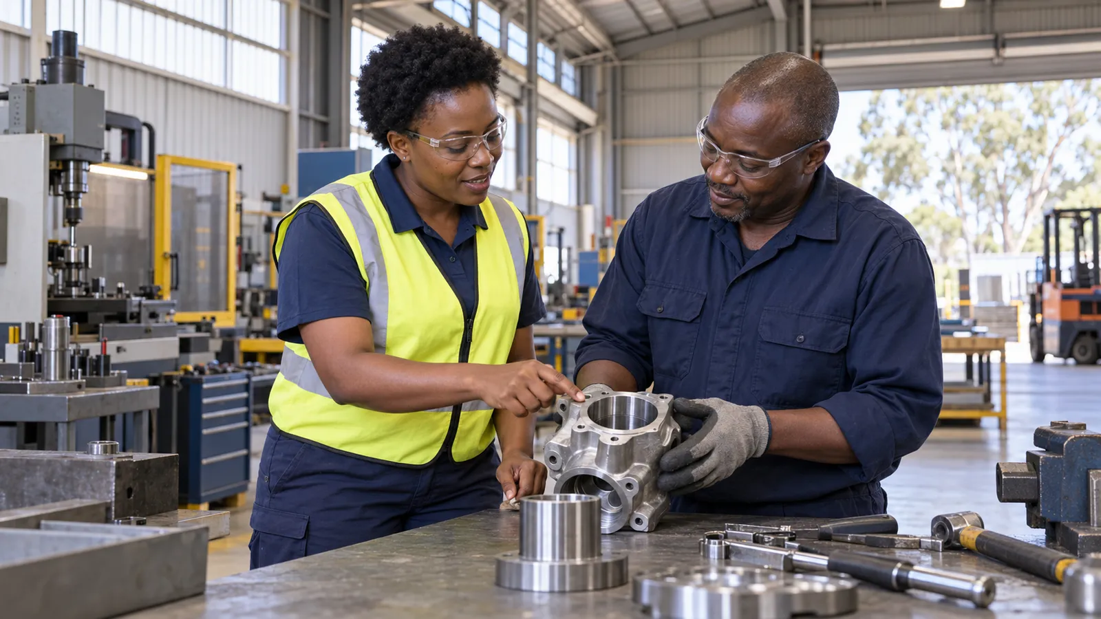 Two Ugandan professionals in safety glasses inspect a metal component at a workbench in a bright Australian workshop.