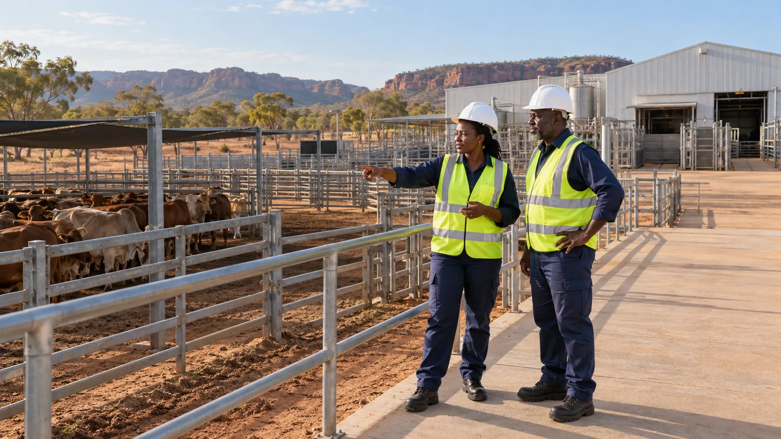Two workers in safety gear survey cattle pens beside a meat-processing facility in regional Australia.