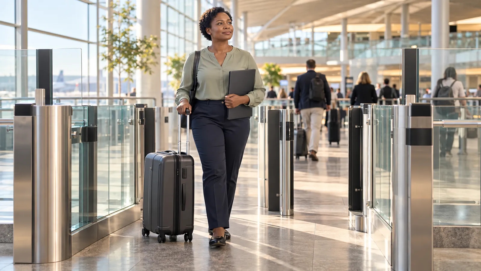 A Ugandan woman holds a folder beside her suitcase between glass gates in a sunlit airport.