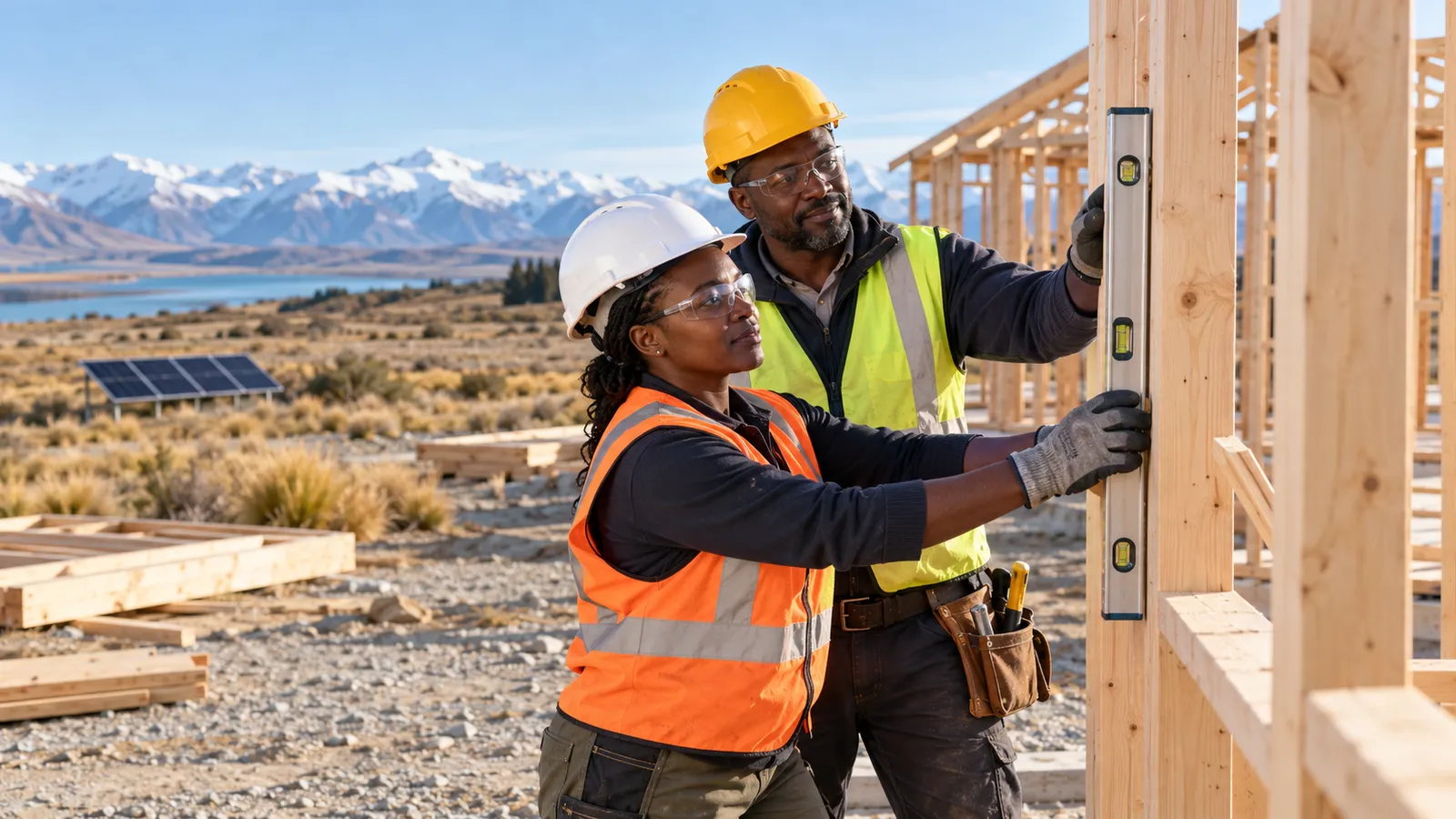 Two Ugandan tradespeople check timber framing at a rural New Zealand building site beneath snowy mountains.