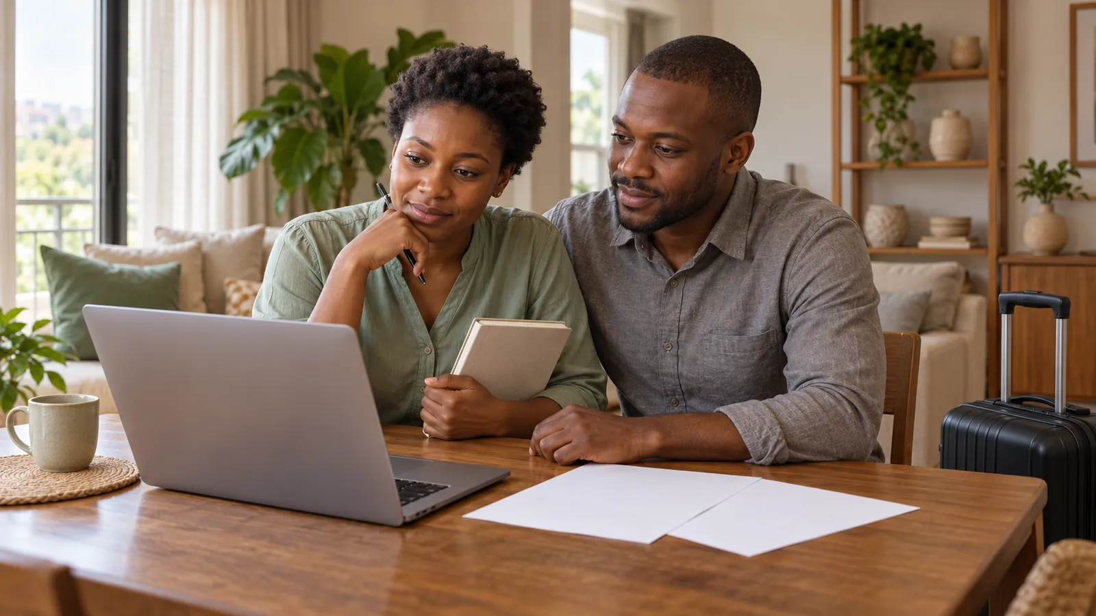 A Ugandan couple sits at a laptop in a sunlit home, with a notebook, blank papers and a suitcase nearby.