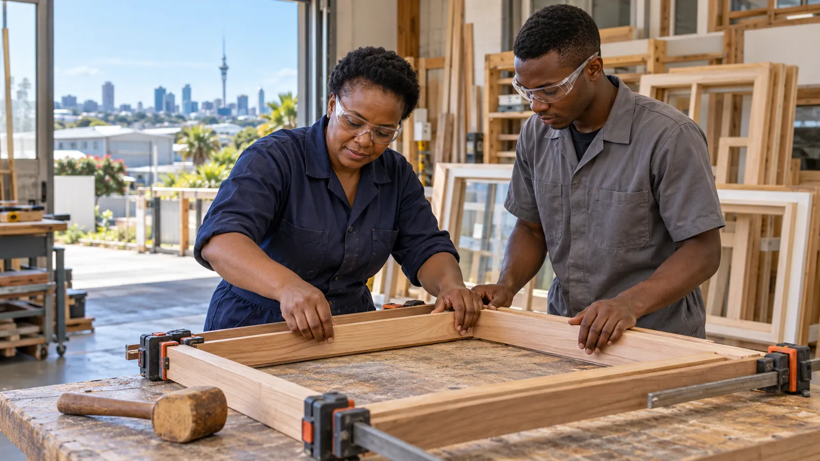 Two Ugandan tradespeople align a timber frame in a sunlit workshop overlooking Auckland’s skyline.