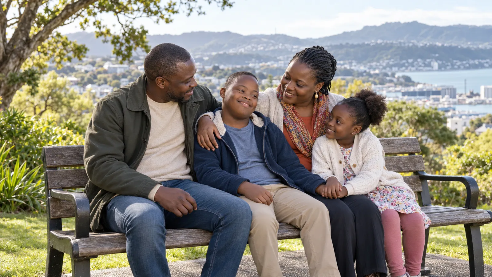 A family shares a warm moment on a park bench overlooking Wellington’s hills and harbour.