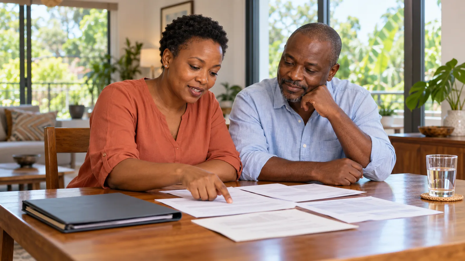 A Ugandan woman and man review paperwork together at a wooden table in a bright, contemporary home.
