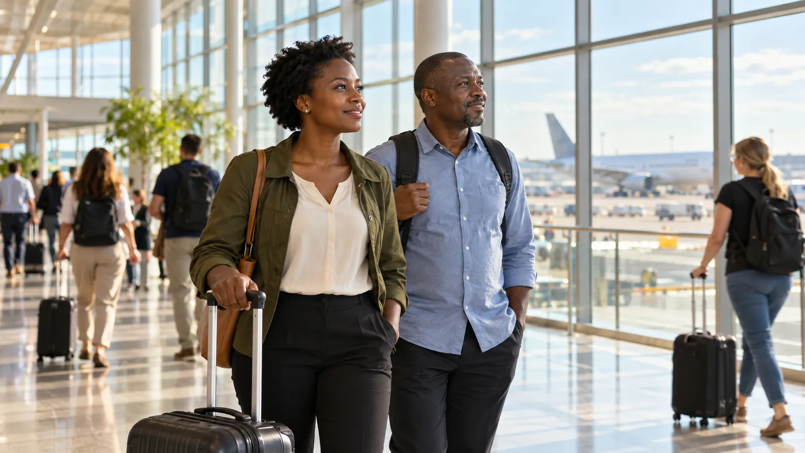 Two Ugandan travelers stand with luggage in a sunlit airport terminal, with a passenger plane beyond the windows.