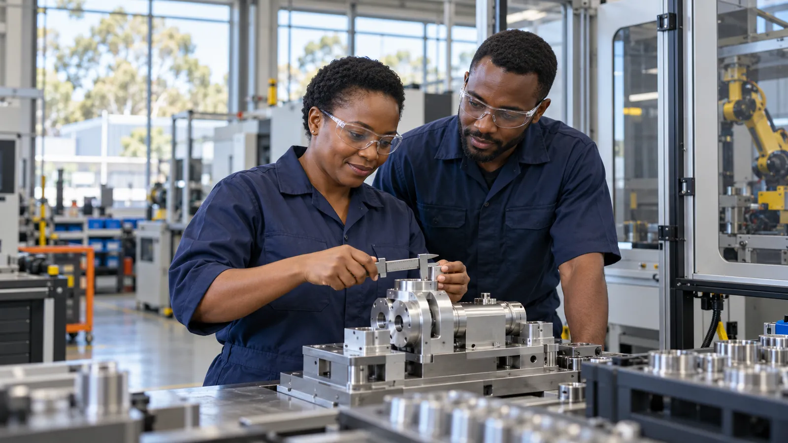 Two Ugandan technicians in safety glasses measure a metal component in a bright Australian manufacturing workshop.
