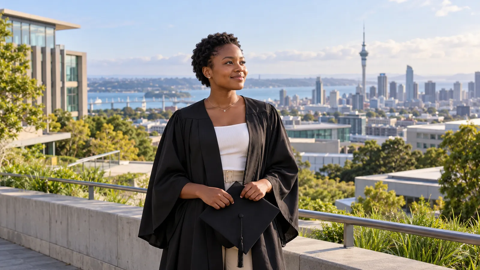 A Ugandan graduate holds her cap on a sunlit terrace overlooking Auckland’s skyline.