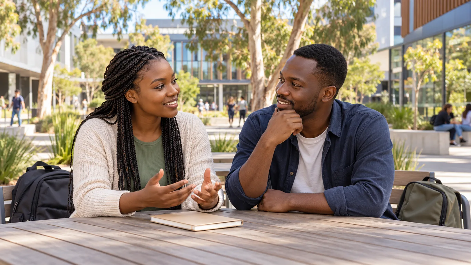 Two Ugandan students chat beside a closed notebook at an outdoor table on an Australian university campus.