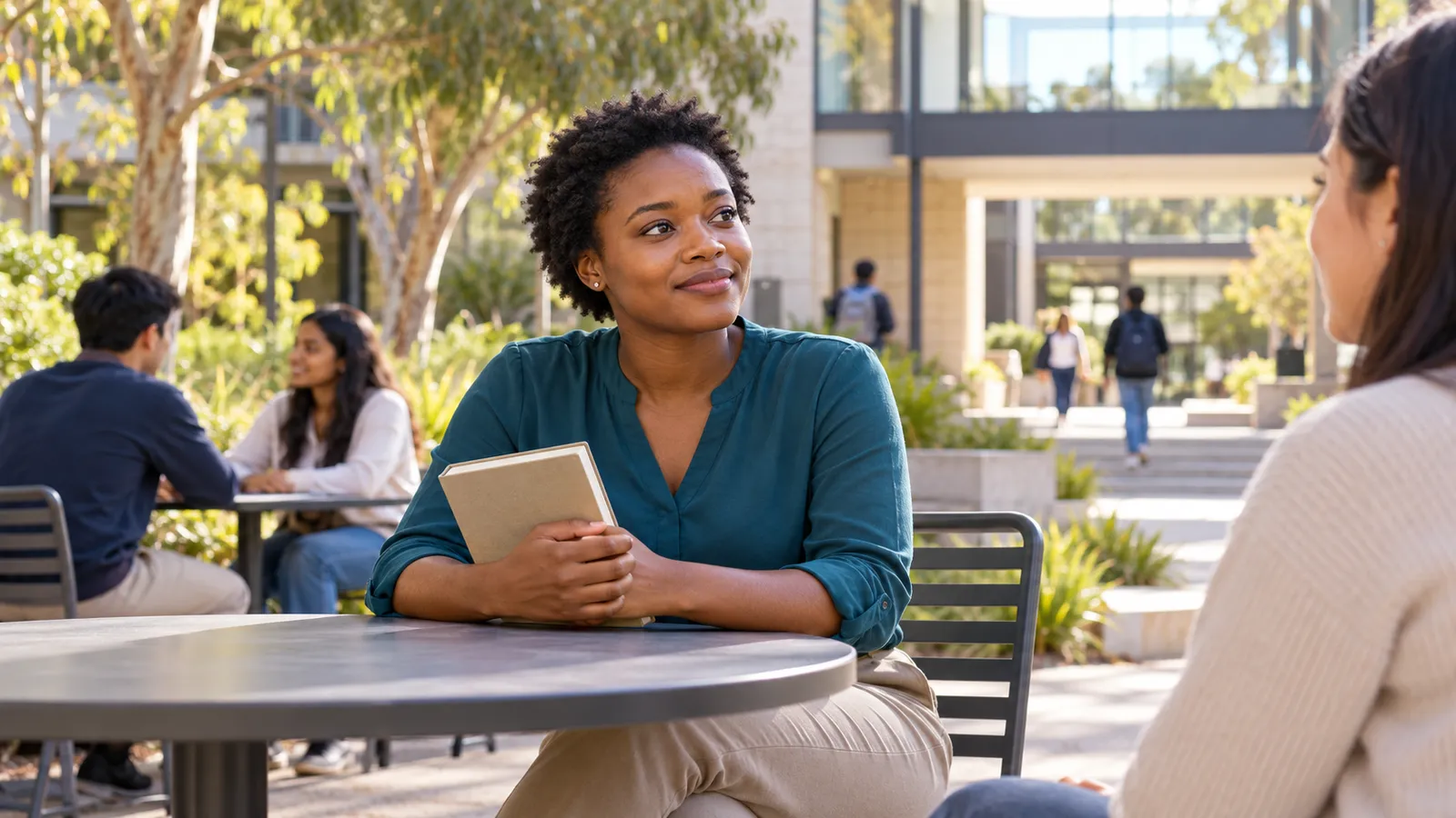 A Ugandan student holds a notebook while talking with a classmate in a sunny Australian campus courtyard.