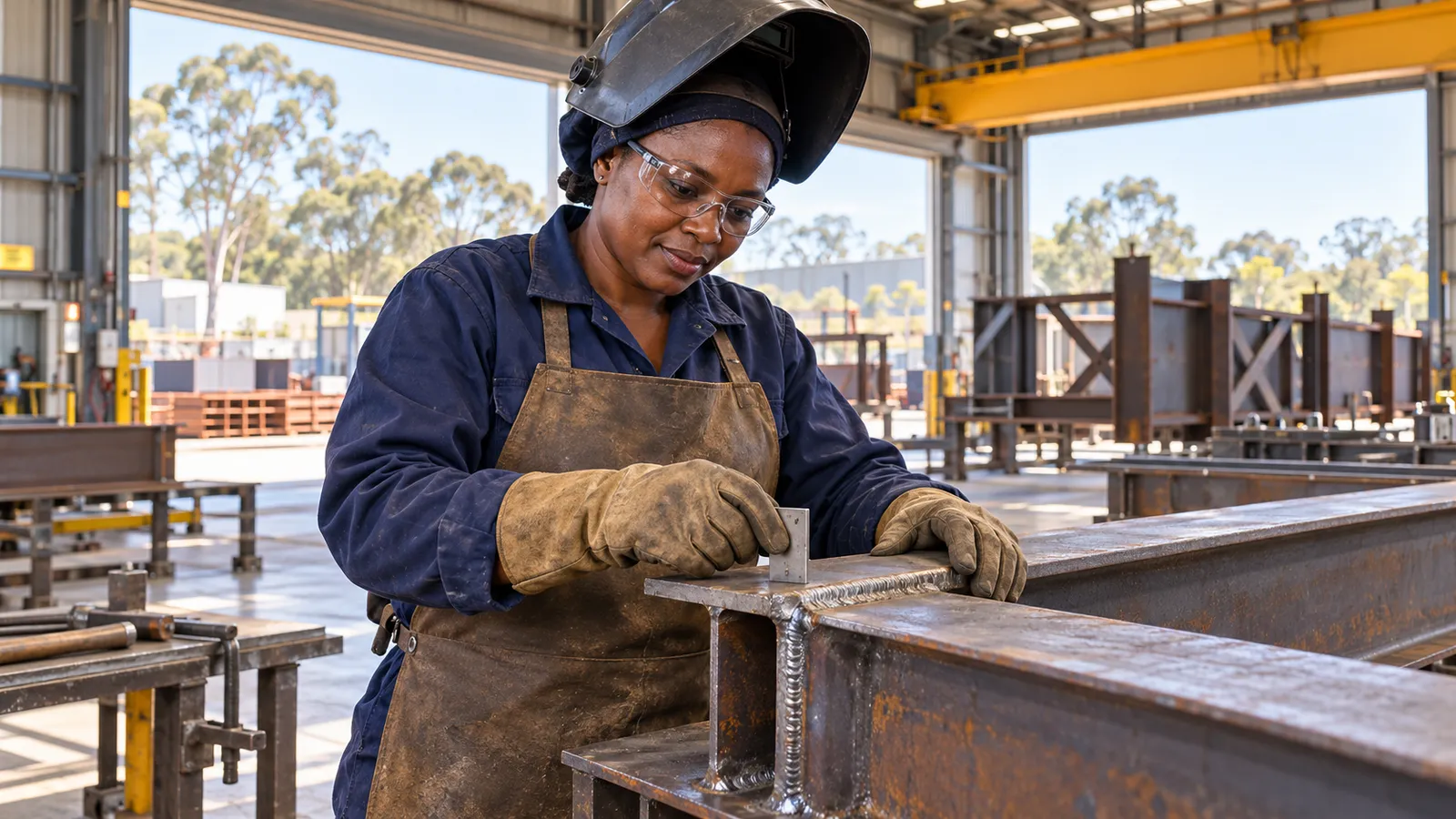 A Ugandan welder in protective gear inspects a steel joint in a sunlit Australian fabrication workshop.