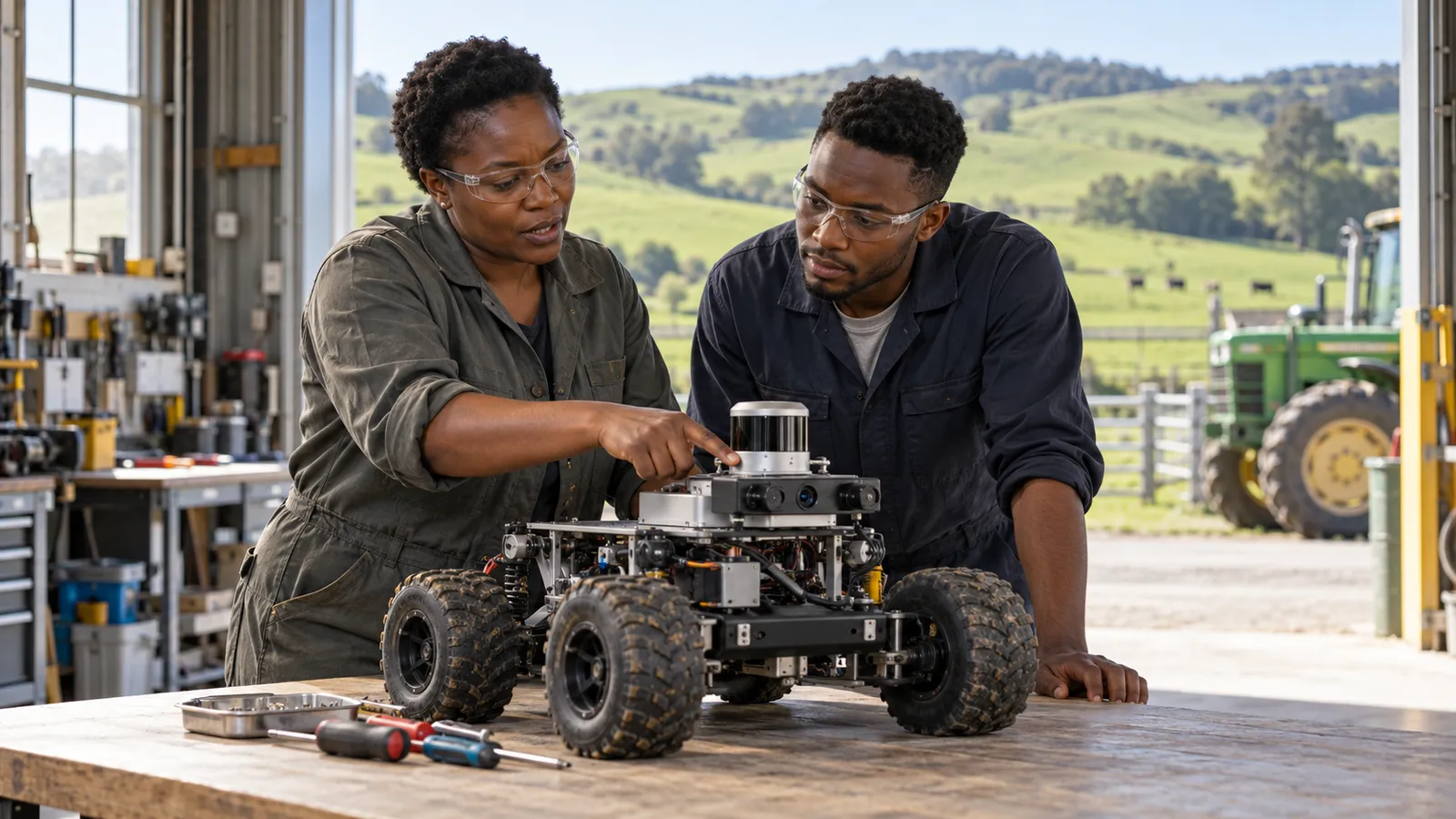 Two colleagues inspect an agricultural robot in a sunlit workshop overlooking green New Zealand farmland.