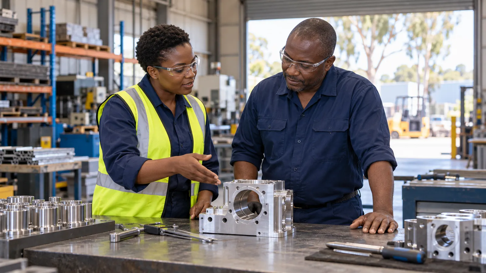 Two Ugandan skilled workers discuss a machined metal component at a sunlit Australian workshop bench.