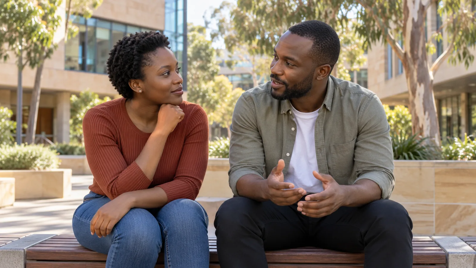 Two Ugandan graduates discuss career plans while sitting on a bench in an Australian university courtyard.