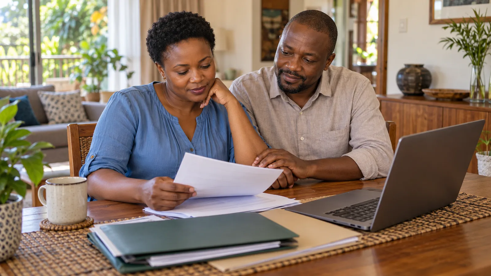 A Ugandan couple reviews papers beside a laptop at a sunlit dining table, sharing a reassuring touch.