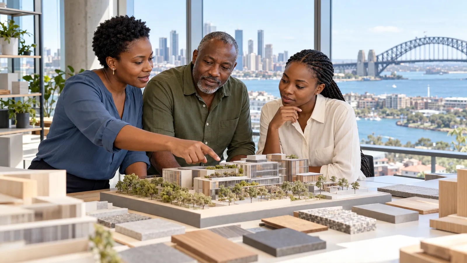 Three colleagues discuss an architectural model in a sunlit office overlooking Sydney Harbour Bridge.