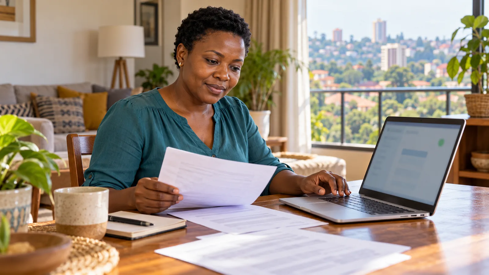A Ugandan woman reviews paperwork beside a laptop at a sunlit table in her home.