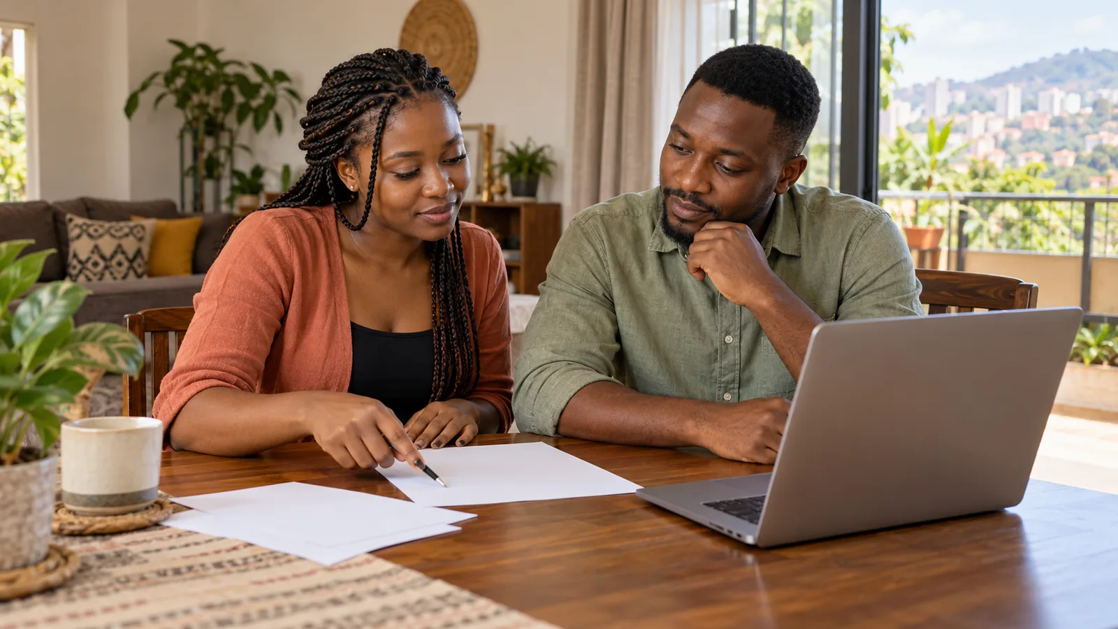 Two Ugandan adults discuss Australian study plans with papers and a laptop at a table in their Kampala home.