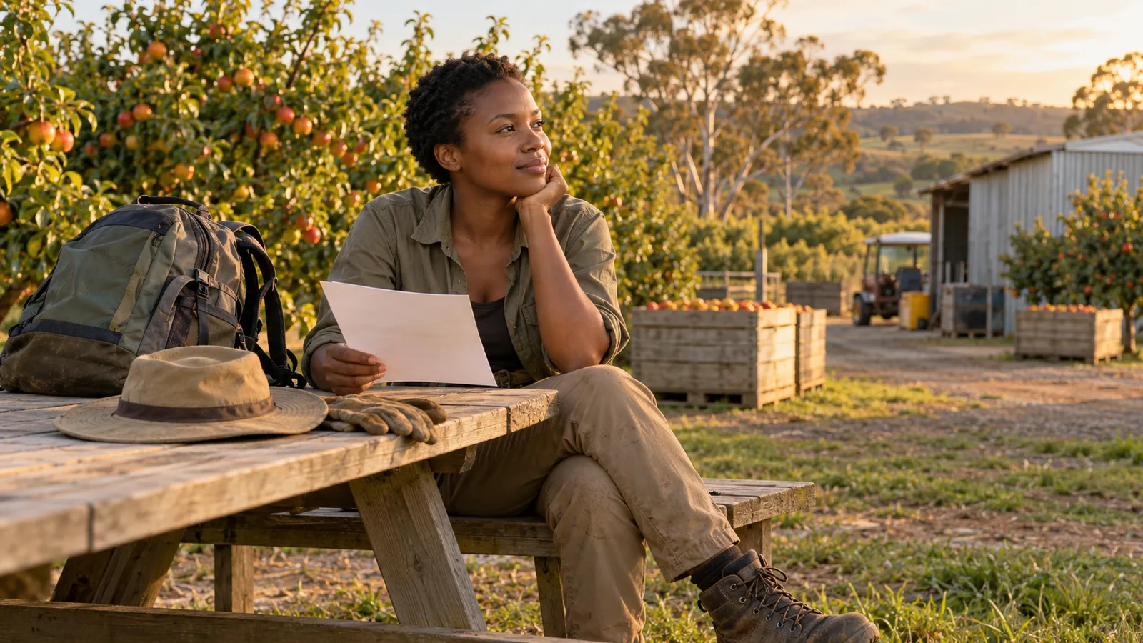 A Ugandan backpacker holds a paper at a picnic table beside a sunlit Australian orchard.