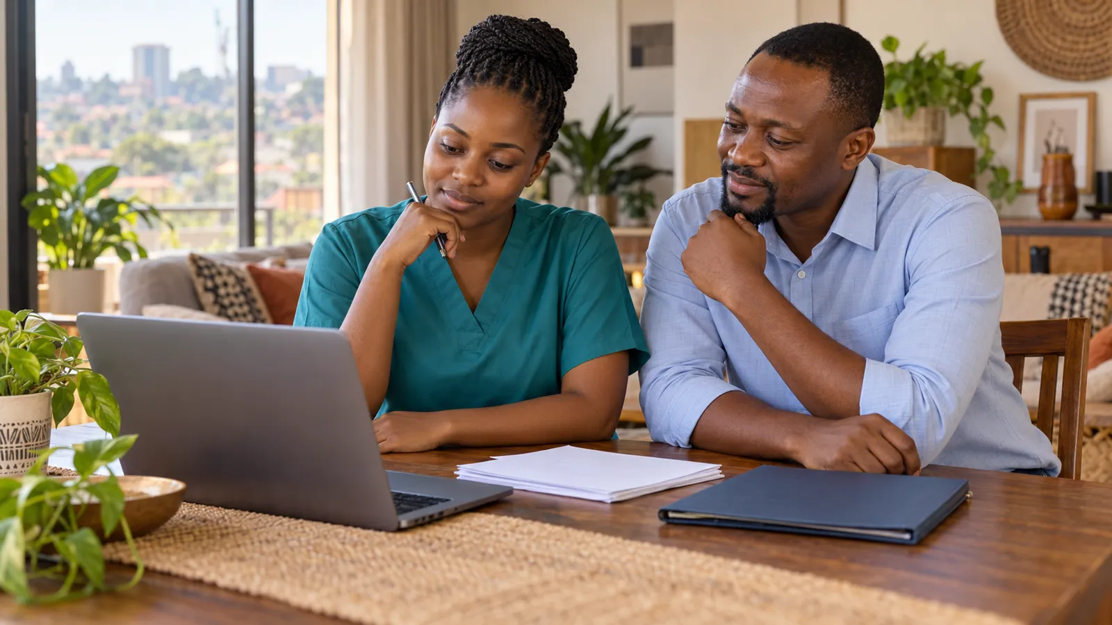 A Ugandan woman in teal scrubs and a man review a laptop beside papers at a sunlit home table.