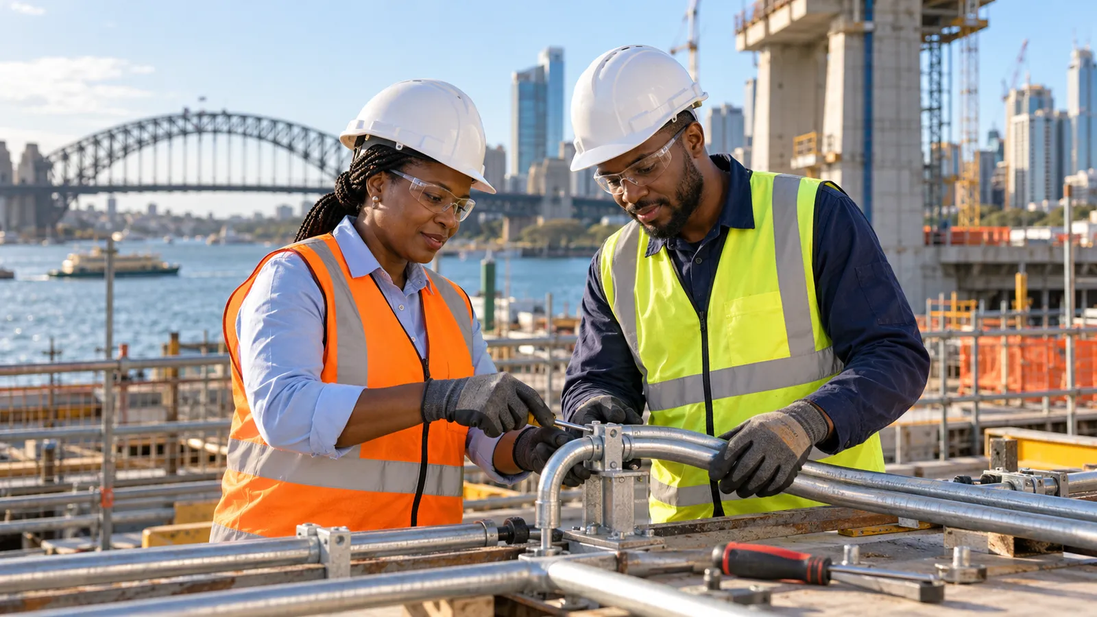 Two engineers in safety gear work on metal conduits at a waterfront construction site beside Sydney Harbour Bridge.