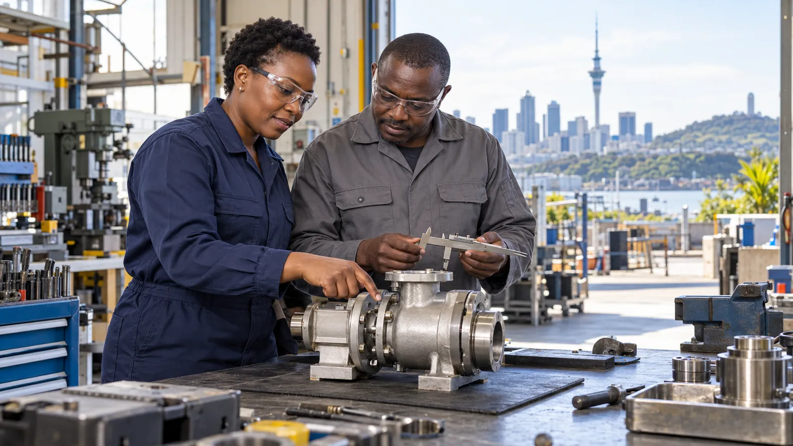 Two Ugandan workers inspect a metal pump in a sunlit workshop overlooking Auckland’s skyline.