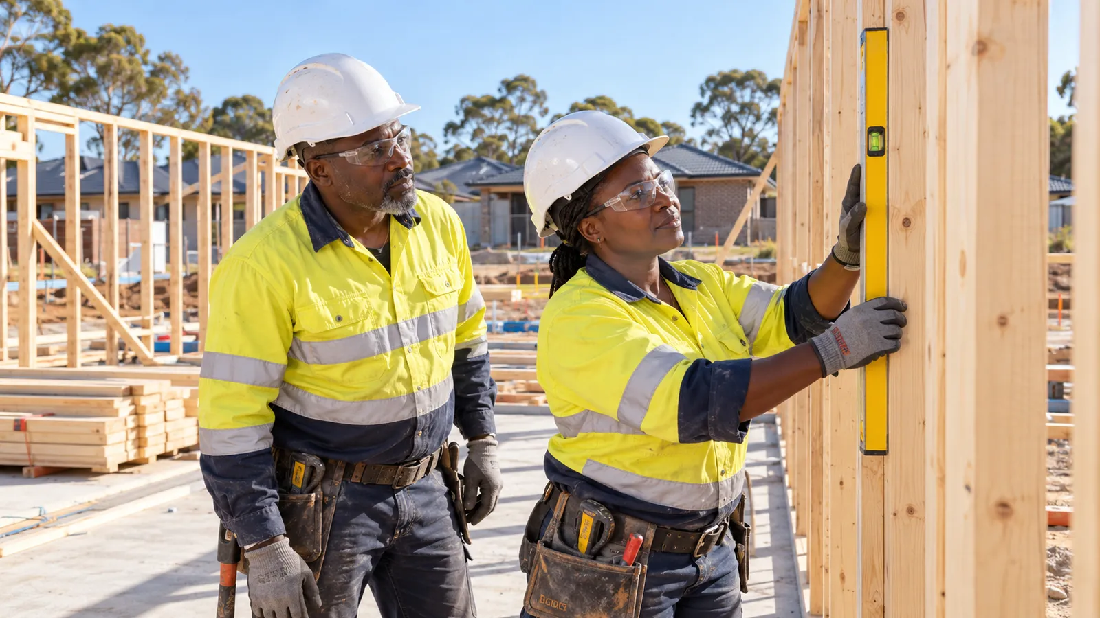 Two Ugandan tradespeople in safety gear check a timber wall frame at a sunny Australian housing construction site.