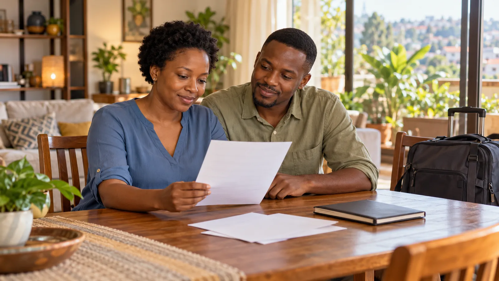 A Ugandan couple reviews papers at a sunlit dining table with a travel bag beside them.