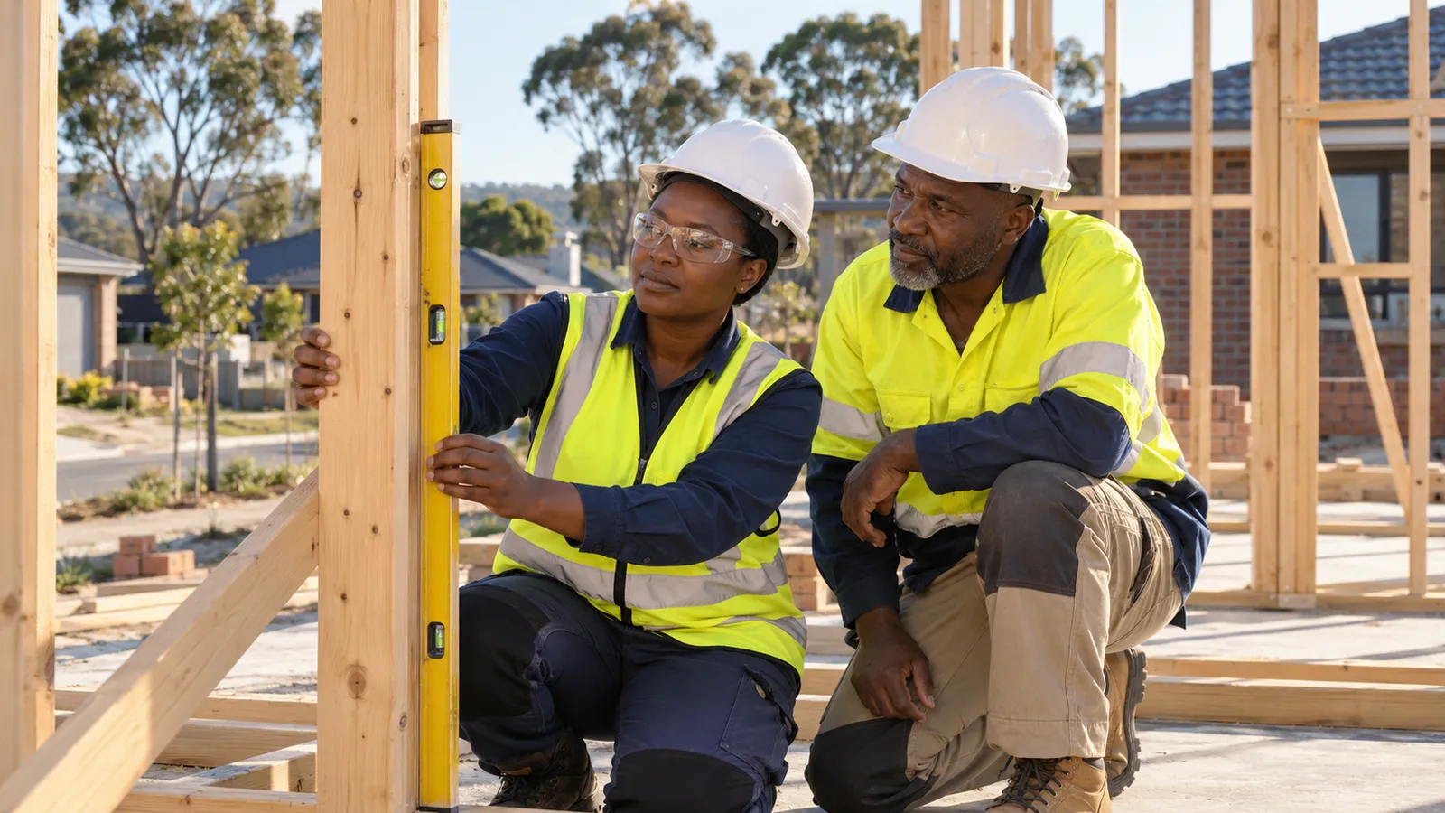 Two construction workers in hard hats check a timber wall frame with a spirit level at an Australian housing site.