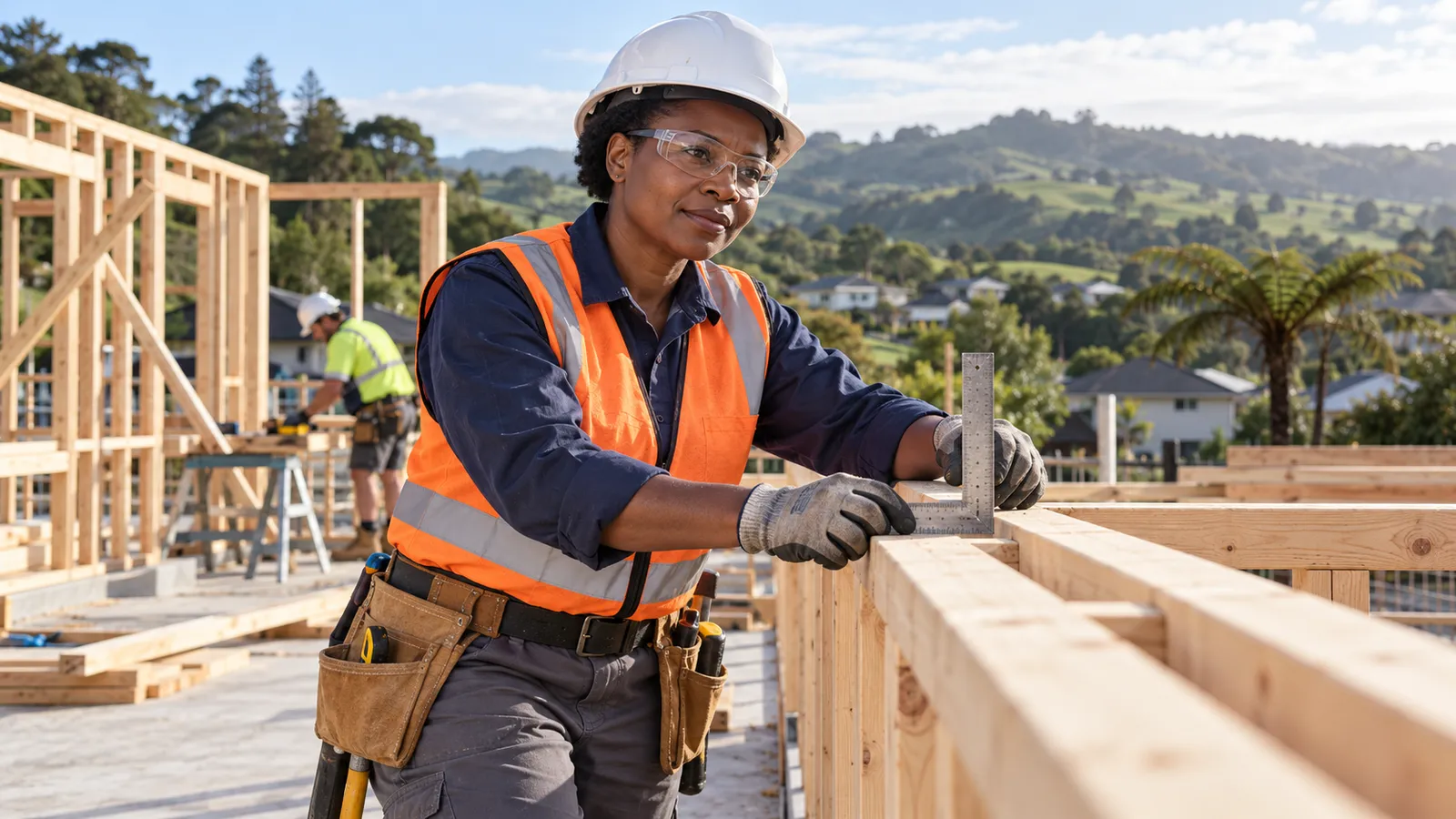 A Ugandan carpenter checks timber framing at a sunny New Zealand construction site backed by green hills.