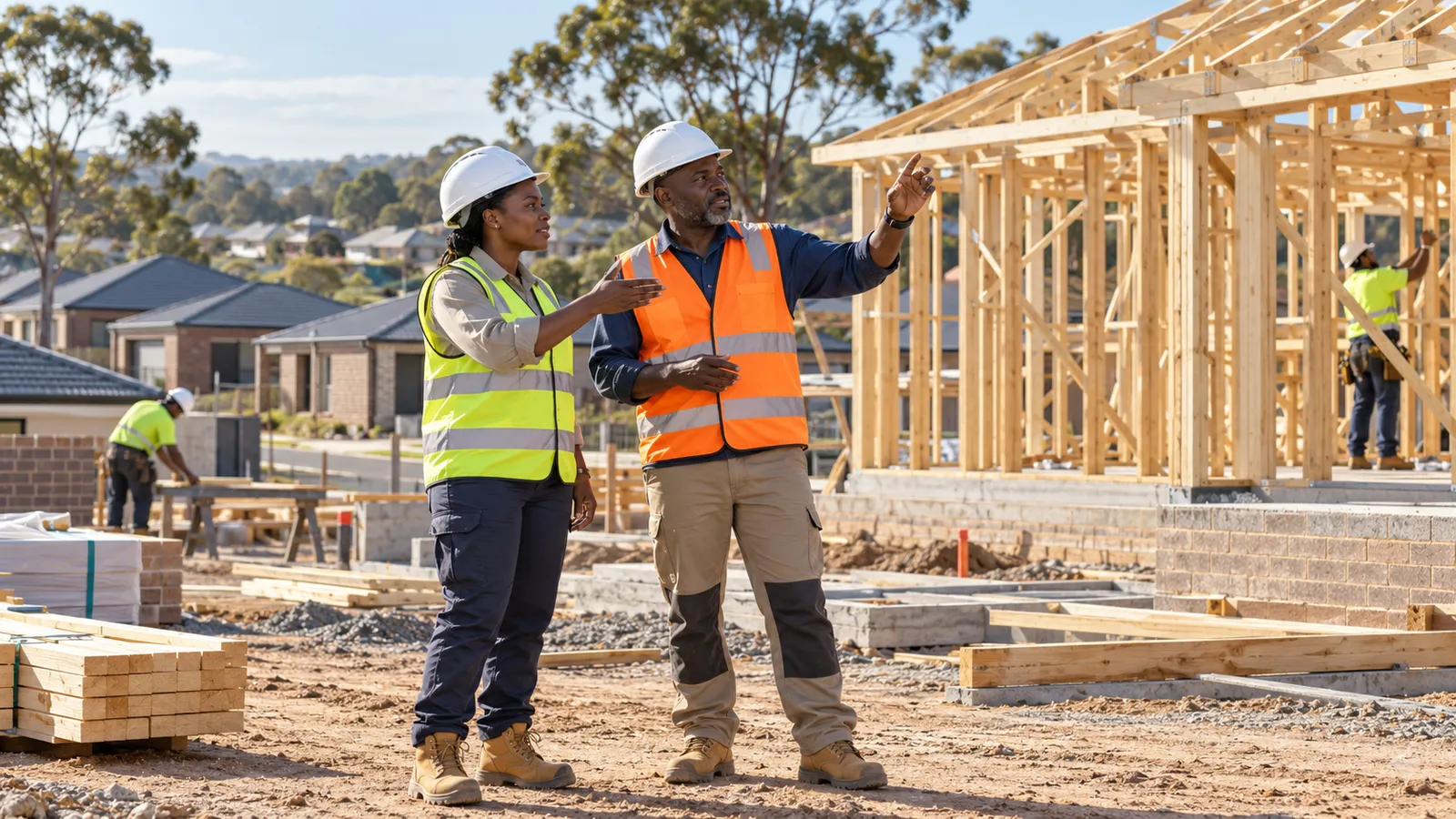 Two construction professionals in hard hats discuss a timber-framed house at a sunny Australian building site.