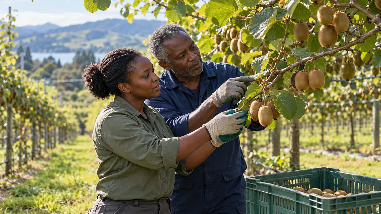 Two Ugandan horticulture workers inspect kiwifruit vines together in a sunlit New Zealand orchard.