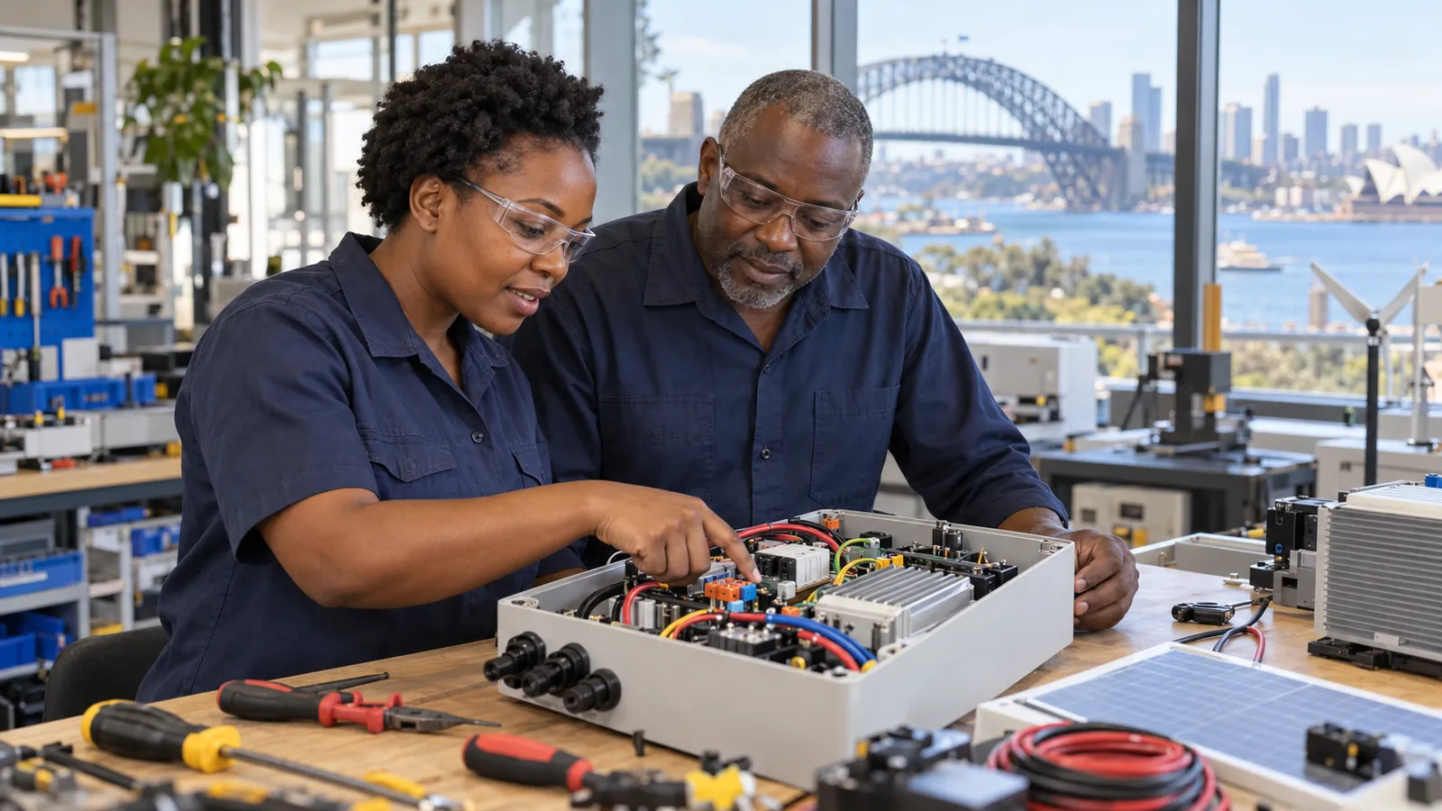Two engineers inspect electrical equipment in a sunlit workshop overlooking Sydney Harbour.