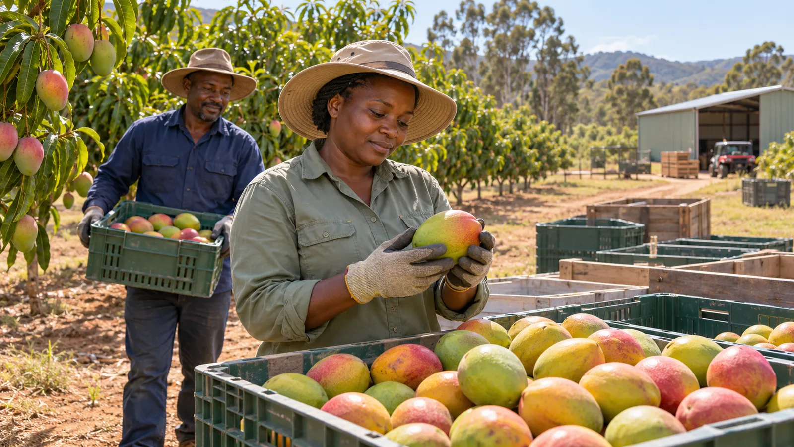 A woman inspects a ripe mango while a man carries a harvest crate through a sunlit Australian orchard.